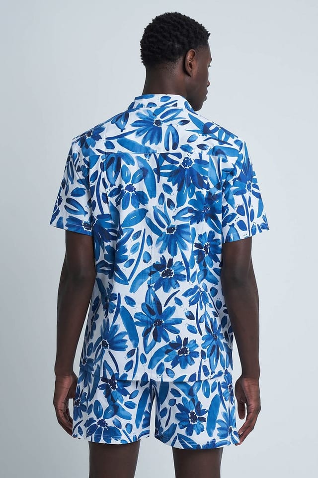 Native Youth Native Youth Men's Cotton Short Sleeve Lightweight Floral Relaxed Shirt in Blue - 2