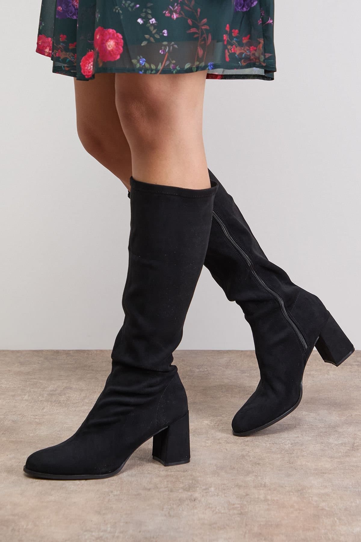 Oasis Oasis Women's Rylee Faux Suede High Block Heel Sock Knee Boots in Natural Black