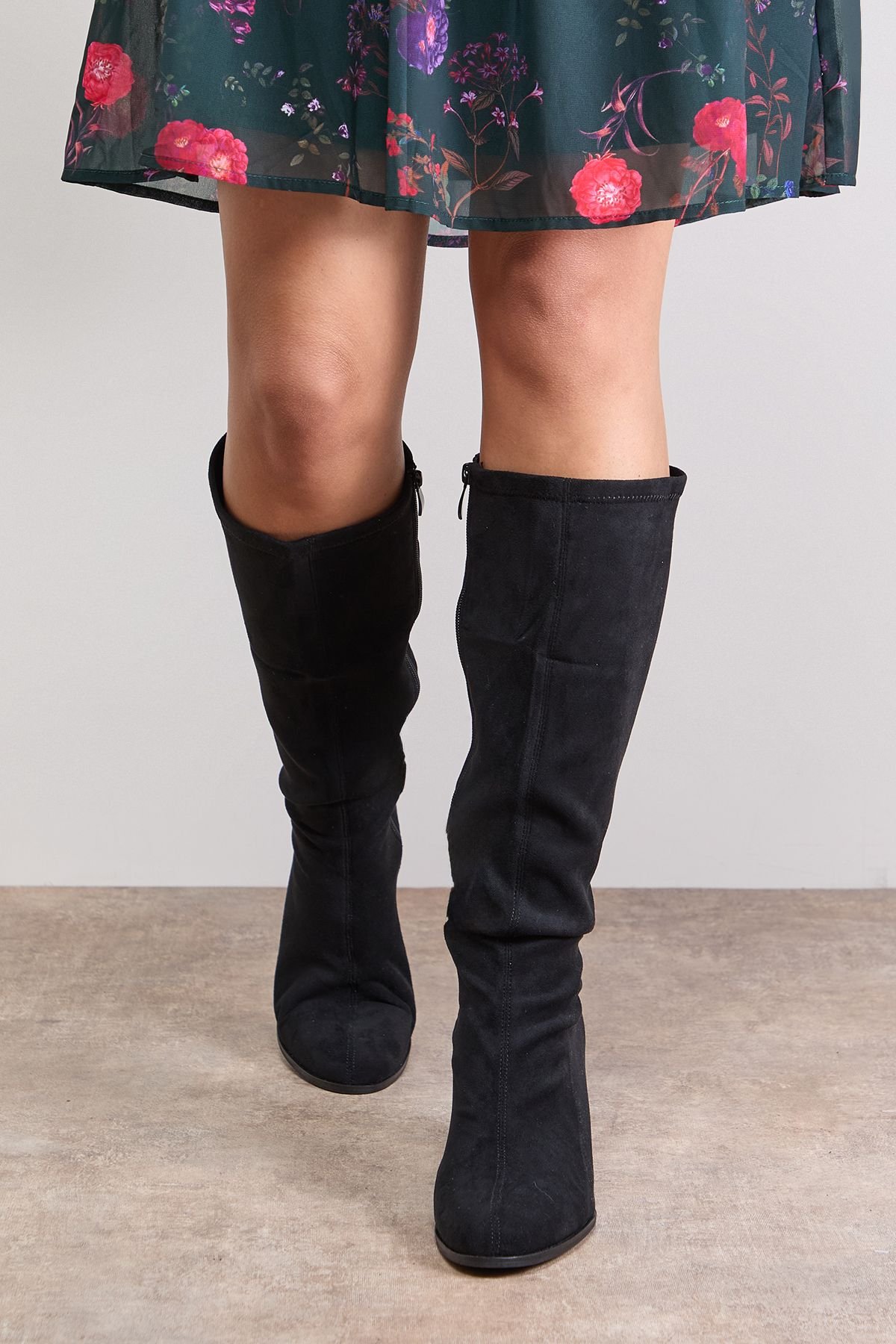 Oasis Oasis Women's Rylee Faux Suede High Block Heel Sock Knee Boots in Natural Black - 3