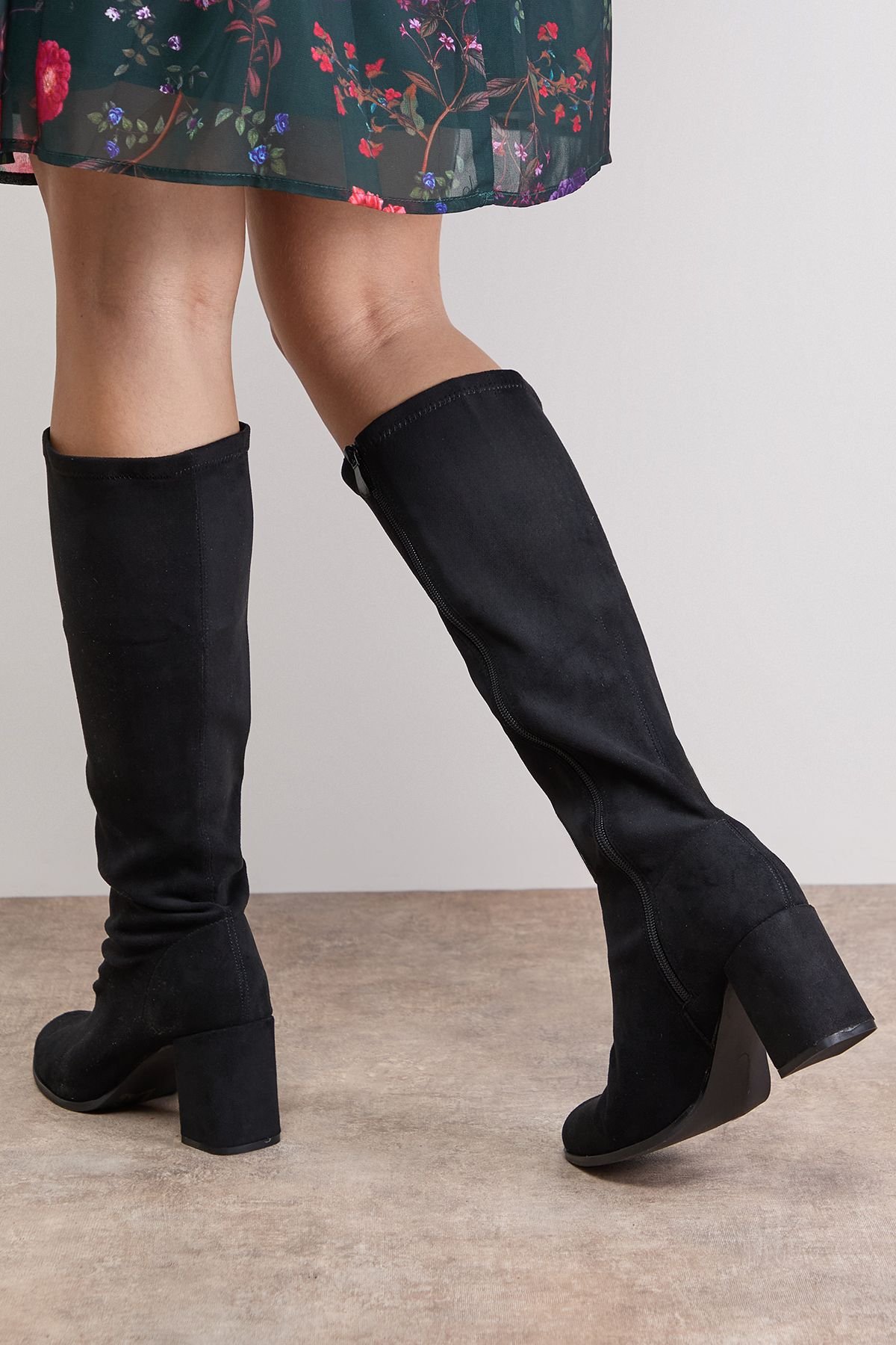Oasis Oasis Women's Rylee Faux Suede High Block Heel Sock Knee Boots in Natural Black - 4