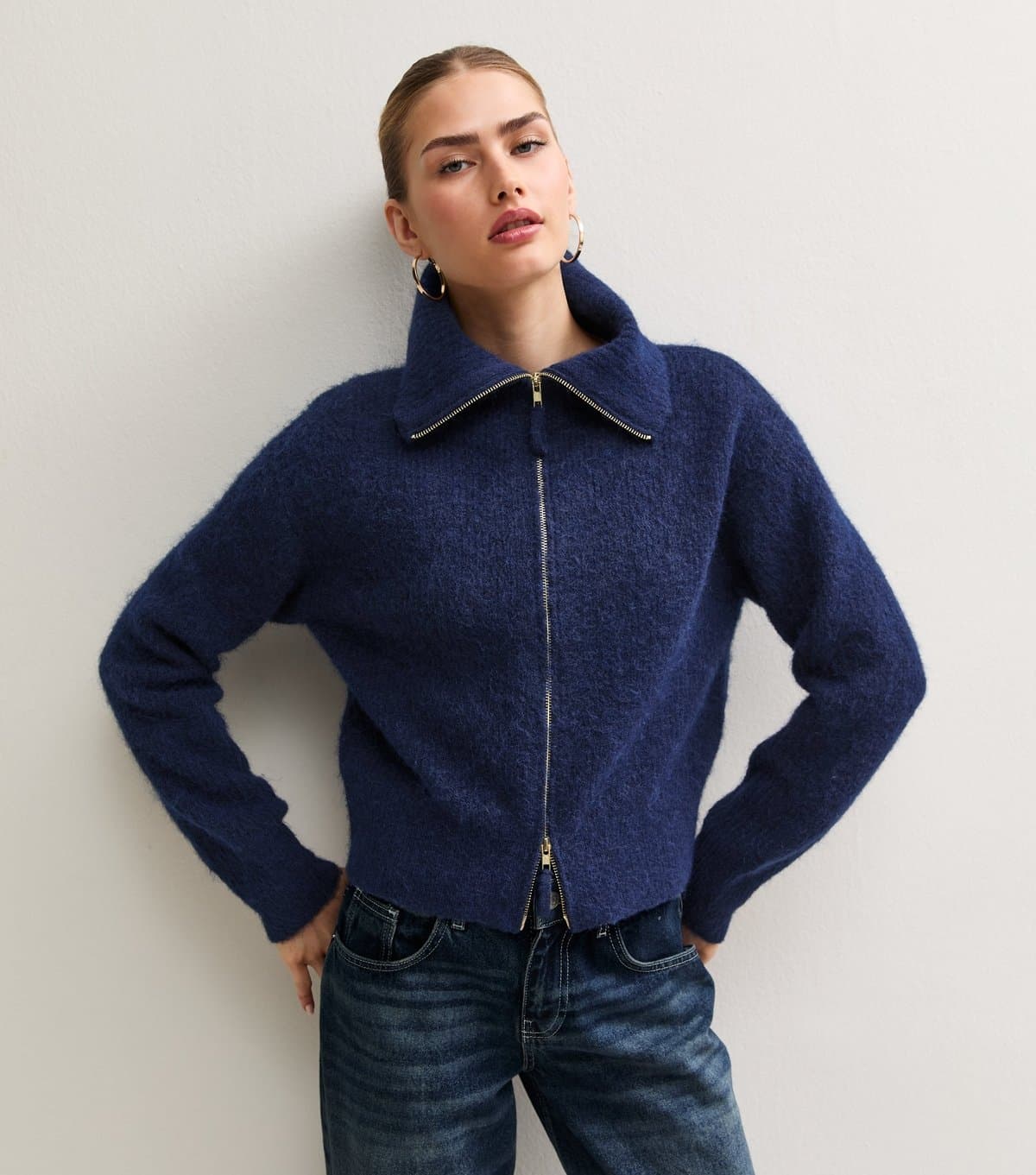 New Look Women's Navy Zip Front Ribbed Knit Bomber Cardigan New Look