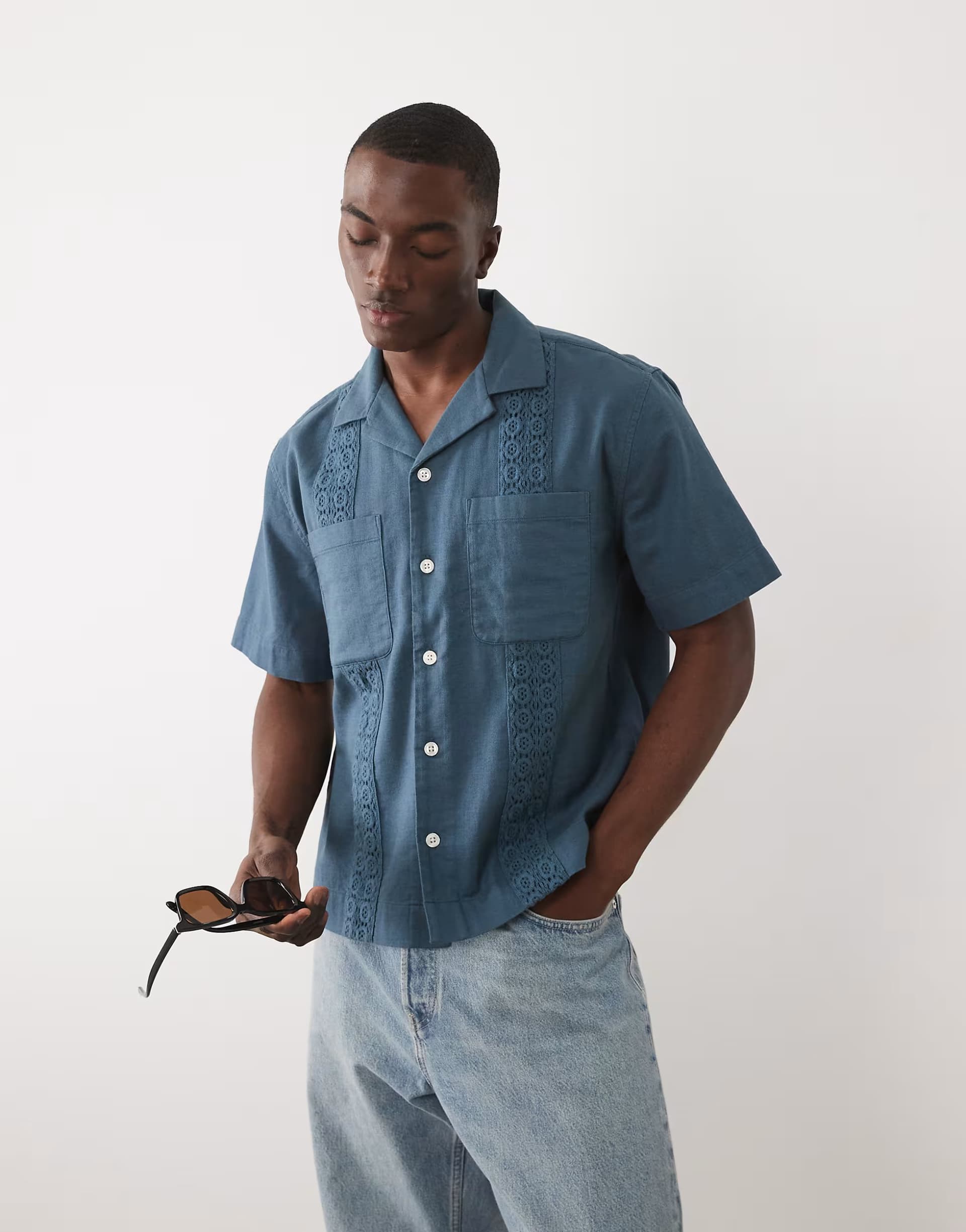 ASOS Abercrombie & Fitch cotton linen mix boxy short sleeve shirt in blue embroidery