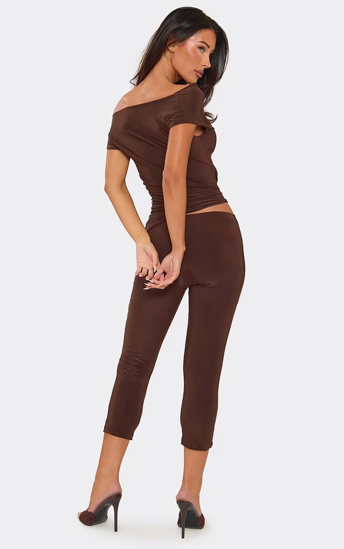 EGO Mid Rise Capri Trousers In Chocolate Brown Slinky, Women's Size UK 6