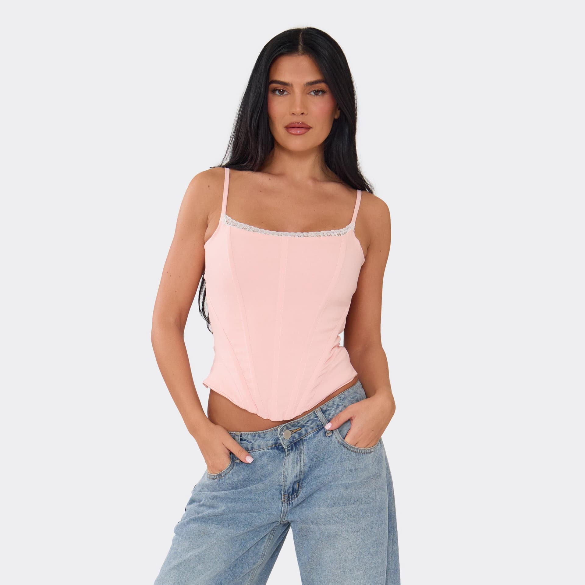 EGO Strappy Lace Trim Curved Hem Corset Top In Pink, Women's Size UK 6