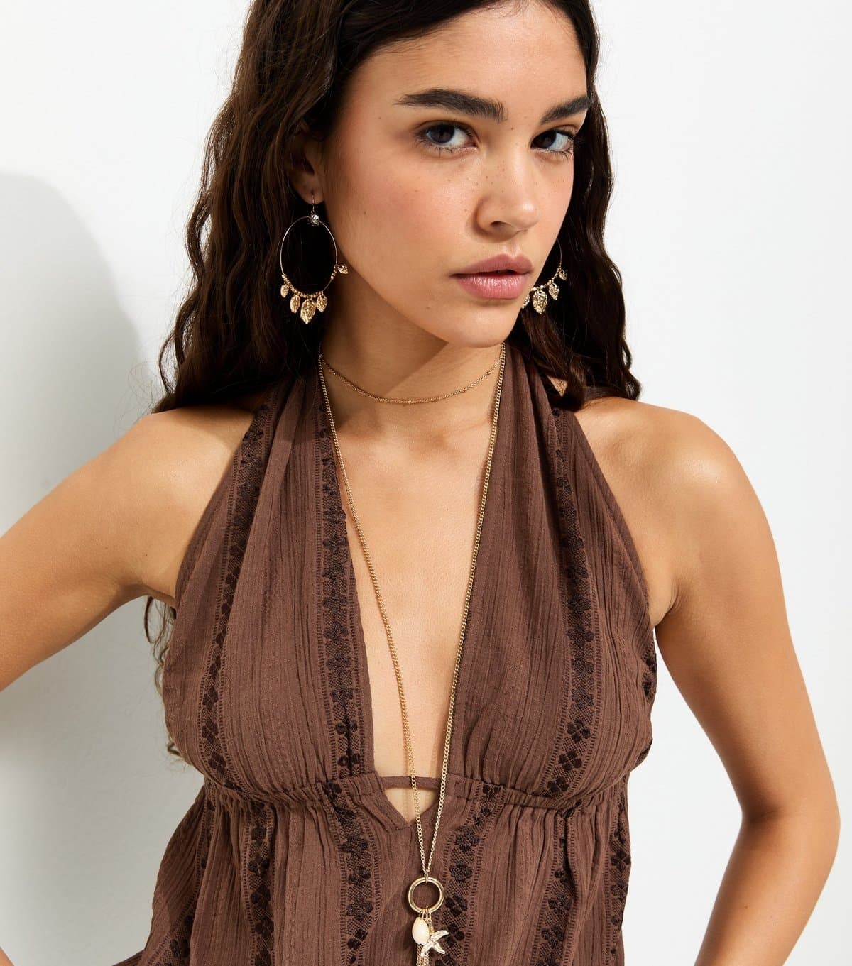 New Look Women's Dark Brown Cotton Rich Floral Embroidered Stripe Halter Top New Look
