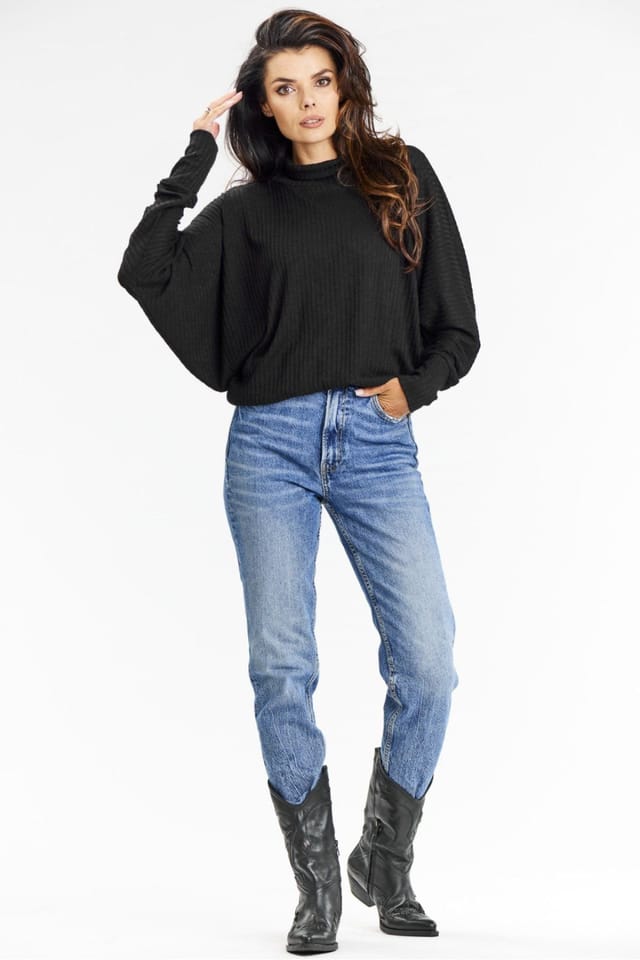 Love Lace Love Lace Women's Loose Kimono Turtleneck Ribbed Knit Sweater in Black - 2