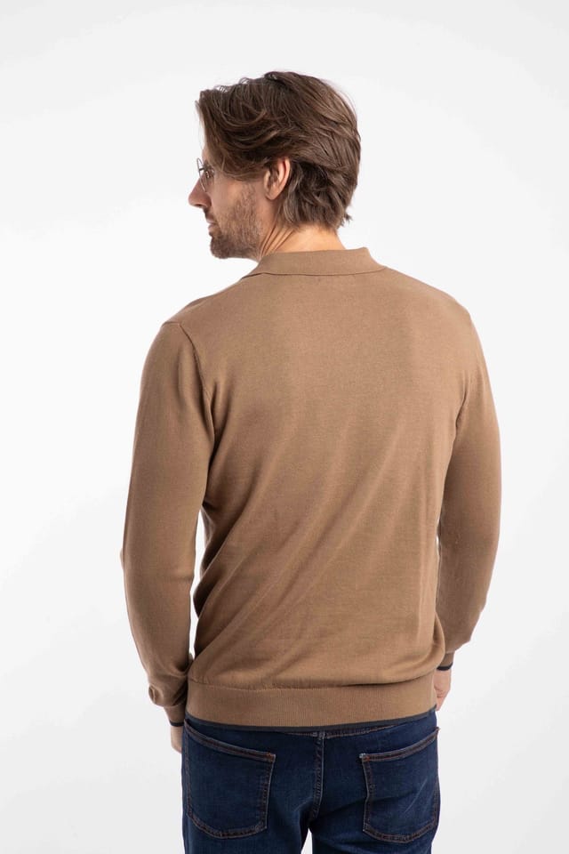 Weird Fish Weird Fish Men's Alden Long Sleeve Knitted Polo in Light Brown - 3