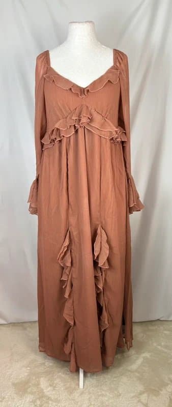 Miss Selfridge UK 14 Miss Selfridge Chiffon Ruffle Maxi Dress Brown Floaty Empire Waist Occasion Boho
