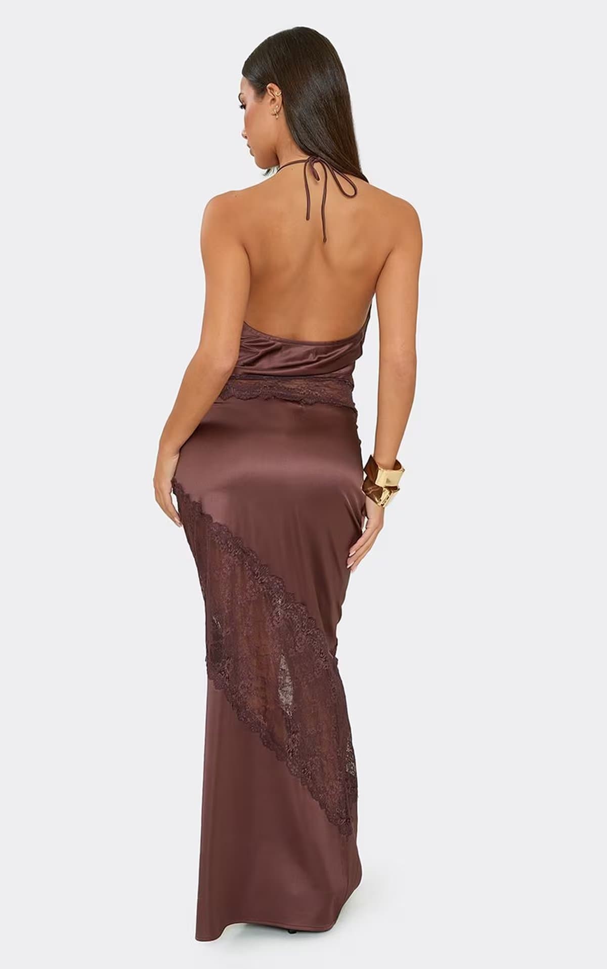 EGO Mid Rise Contrast Lace Panel Maxi Skirt In Chocolate Brown Satin, Women's Size UK 6