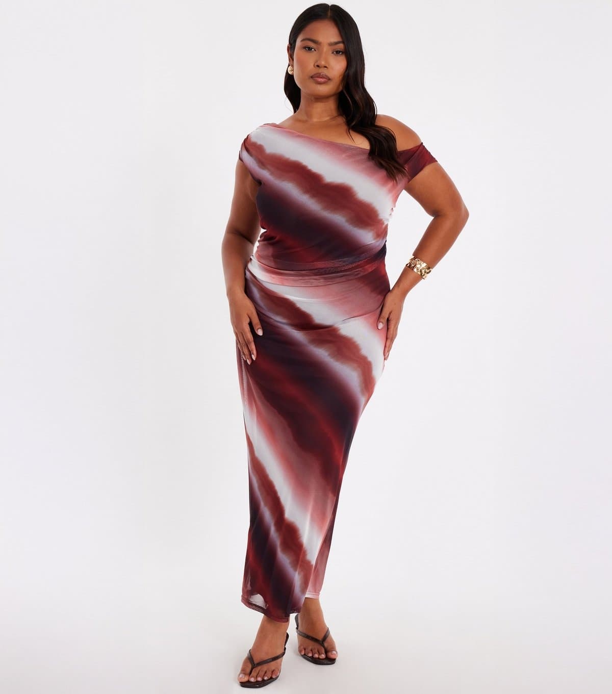 Quiz Women's Curve Brown Gradient Print Mesh Midaxi Dress Quiz New Look