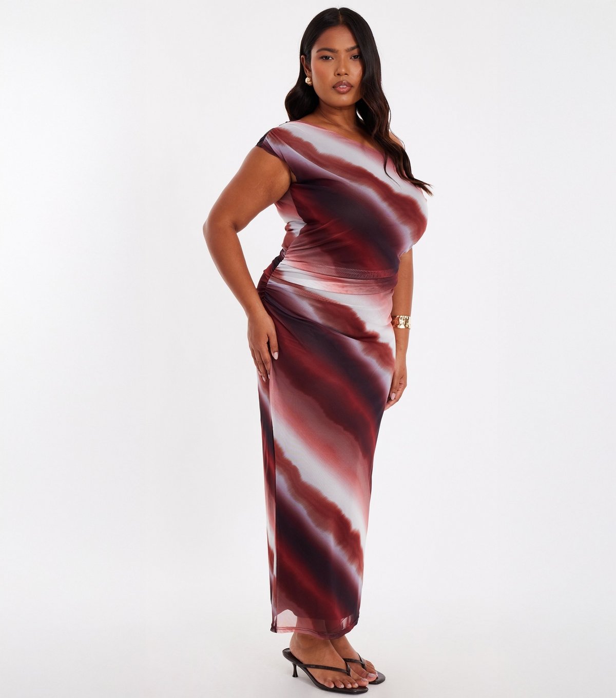 Quiz Women's Curve Brown Gradient Print Mesh Midaxi Dress Quiz New Look - 2