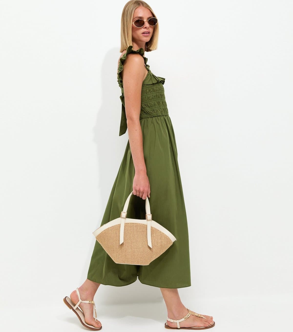 New Look Women's Dark Khaki Cotton Tie Back Shirred Poplin Midi Dress New Look