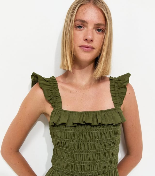 New Look Women's Dark Khaki Cotton Tie Back Shirred Poplin Midi Dress New Look - 2
