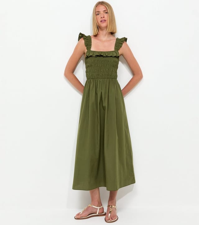 New Look Women's Dark Khaki Cotton Tie Back Shirred Poplin Midi Dress New Look - 3