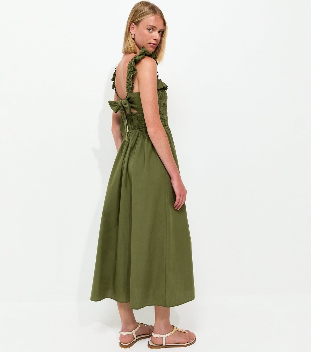 New Look Women's Dark Khaki Cotton Tie Back Shirred Poplin Midi Dress New Look - 4