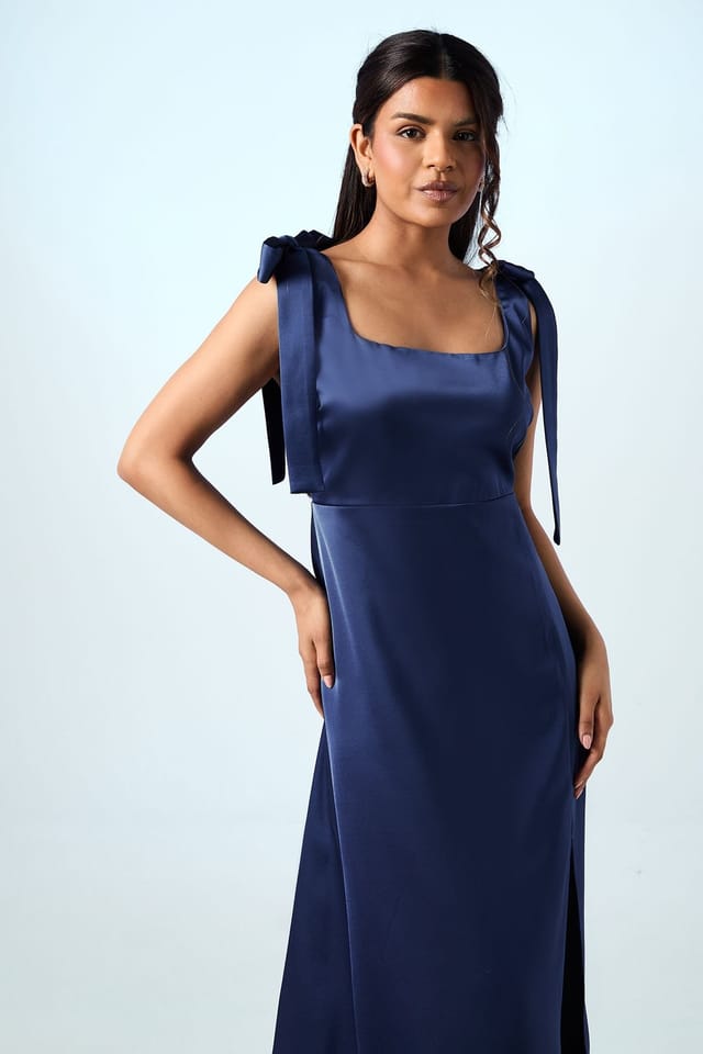 Oasis Oasis Women's Petite Satin Tie Shoulder Midi Bridesmaid Dress in Navy - 2