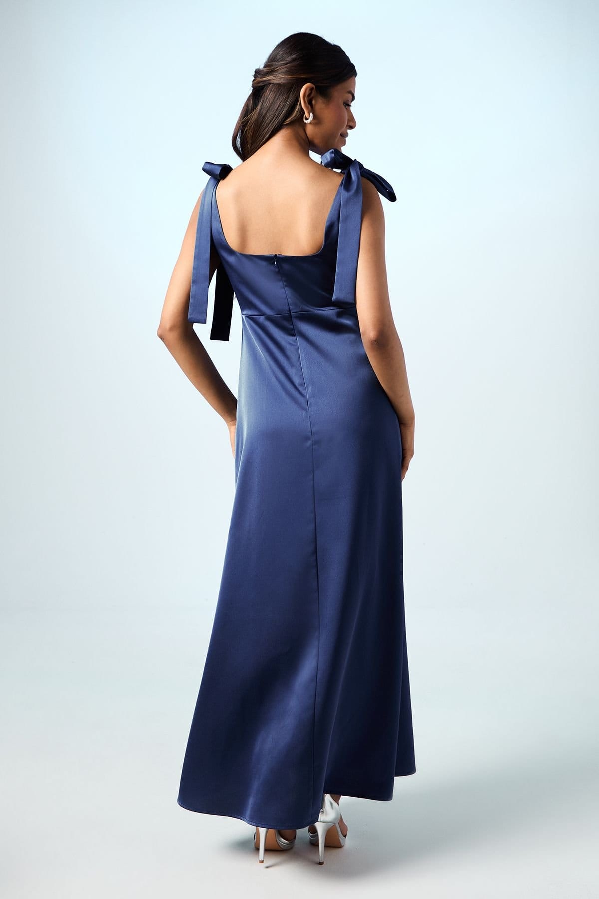 Oasis Oasis Women's Petite Satin Tie Shoulder Midi Bridesmaid Dress in Navy - 4
