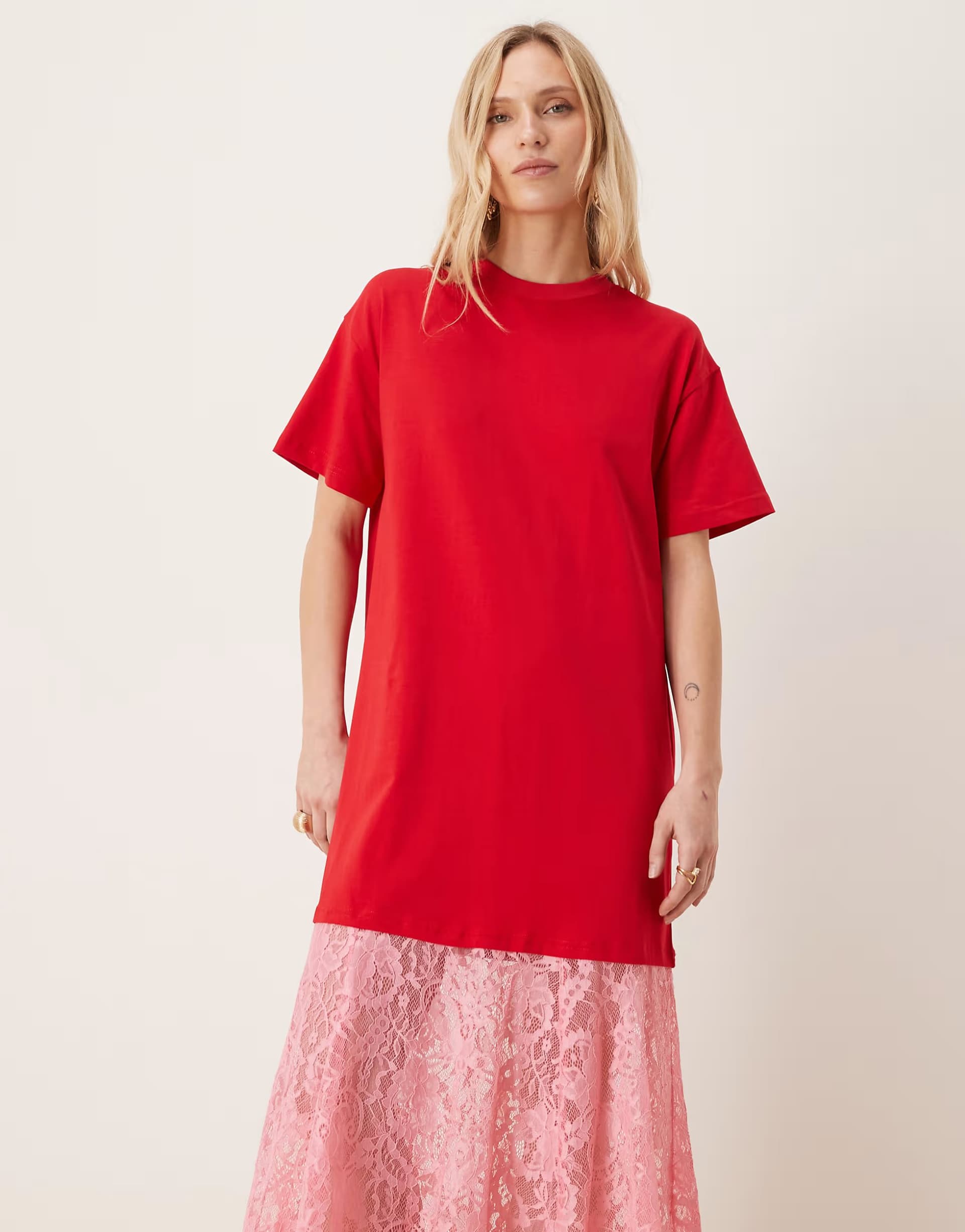 ASOS Never Fully Dressed Petite oversized jersey t-shirt maxi dress with lace skirt in red and pink