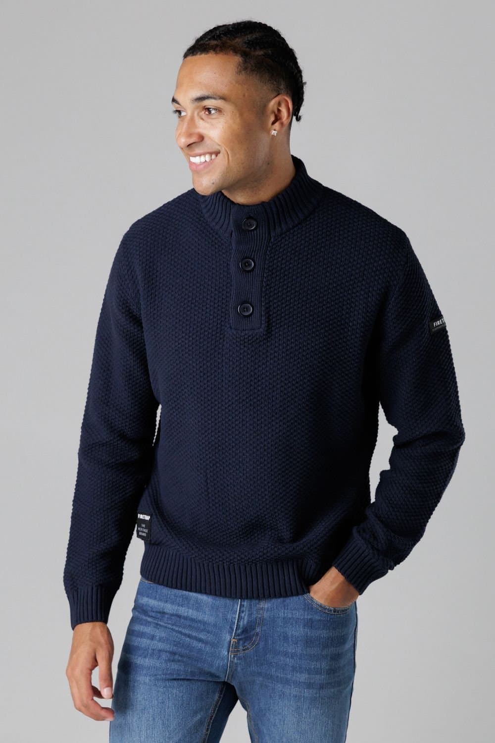Firetrap Firetrap Men's Cotton Rich Waffle Knit Funnel Neck Jumper with Buttons in Dark Navy
