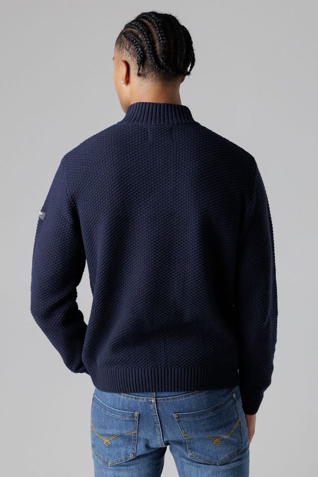 Firetrap Firetrap Men's Cotton Rich Waffle Knit Funnel Neck Jumper with Buttons in Dark Navy - 2