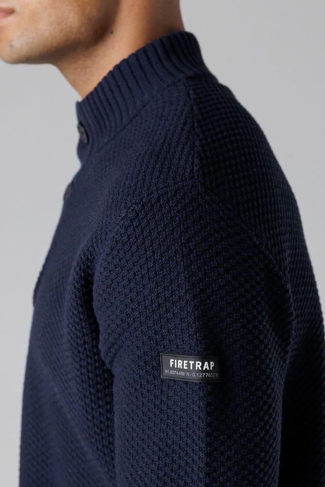Firetrap Firetrap Men's Cotton Rich Waffle Knit Funnel Neck Jumper with Buttons in Dark Navy - 3