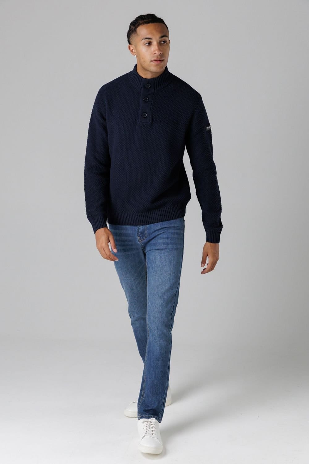 Firetrap Firetrap Men's Cotton Rich Waffle Knit Funnel Neck Jumper with Buttons in Dark Navy - 4