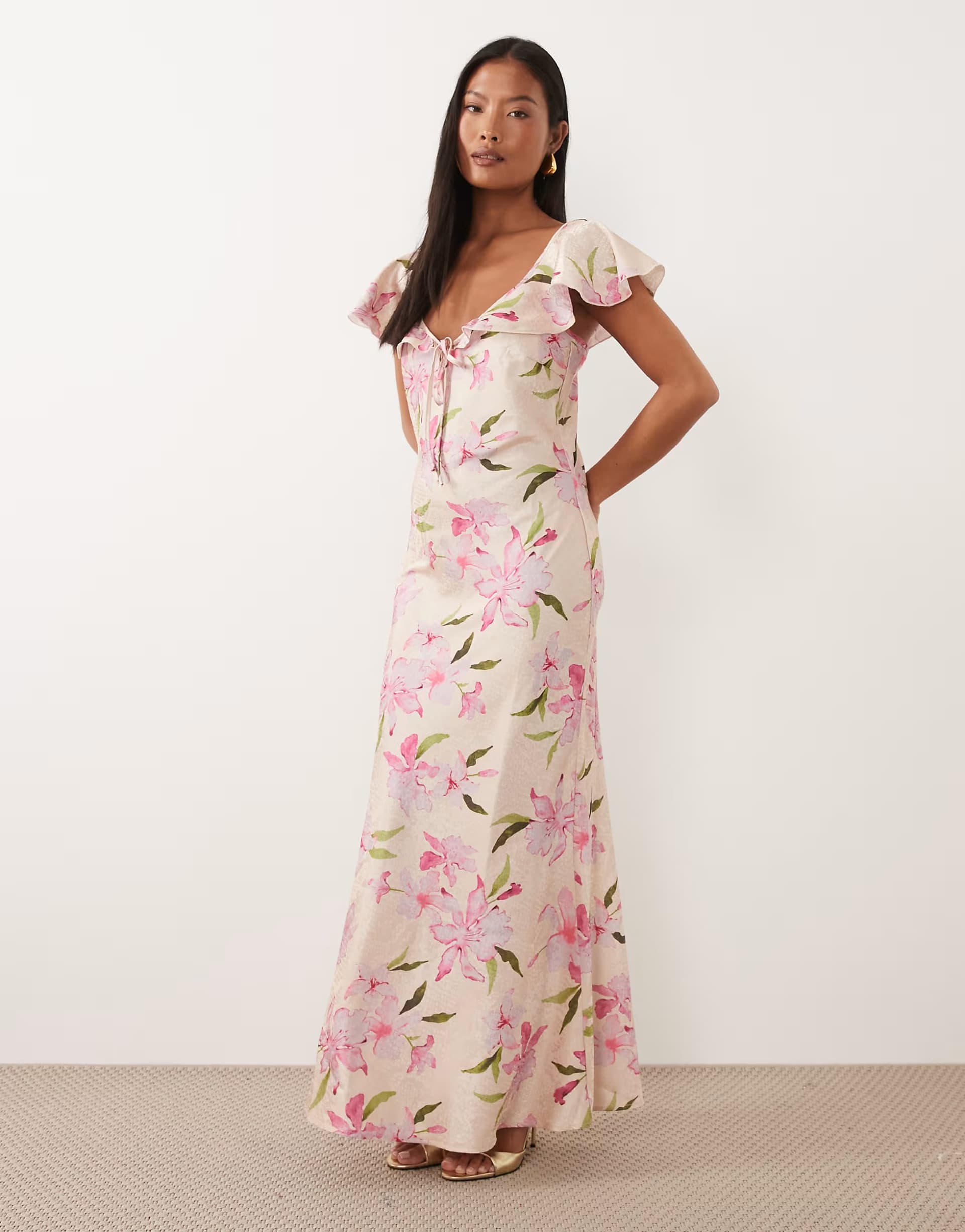 ASOS Vero Moda Petite flutter sleeve satin maxi dress in cream based pink floral print