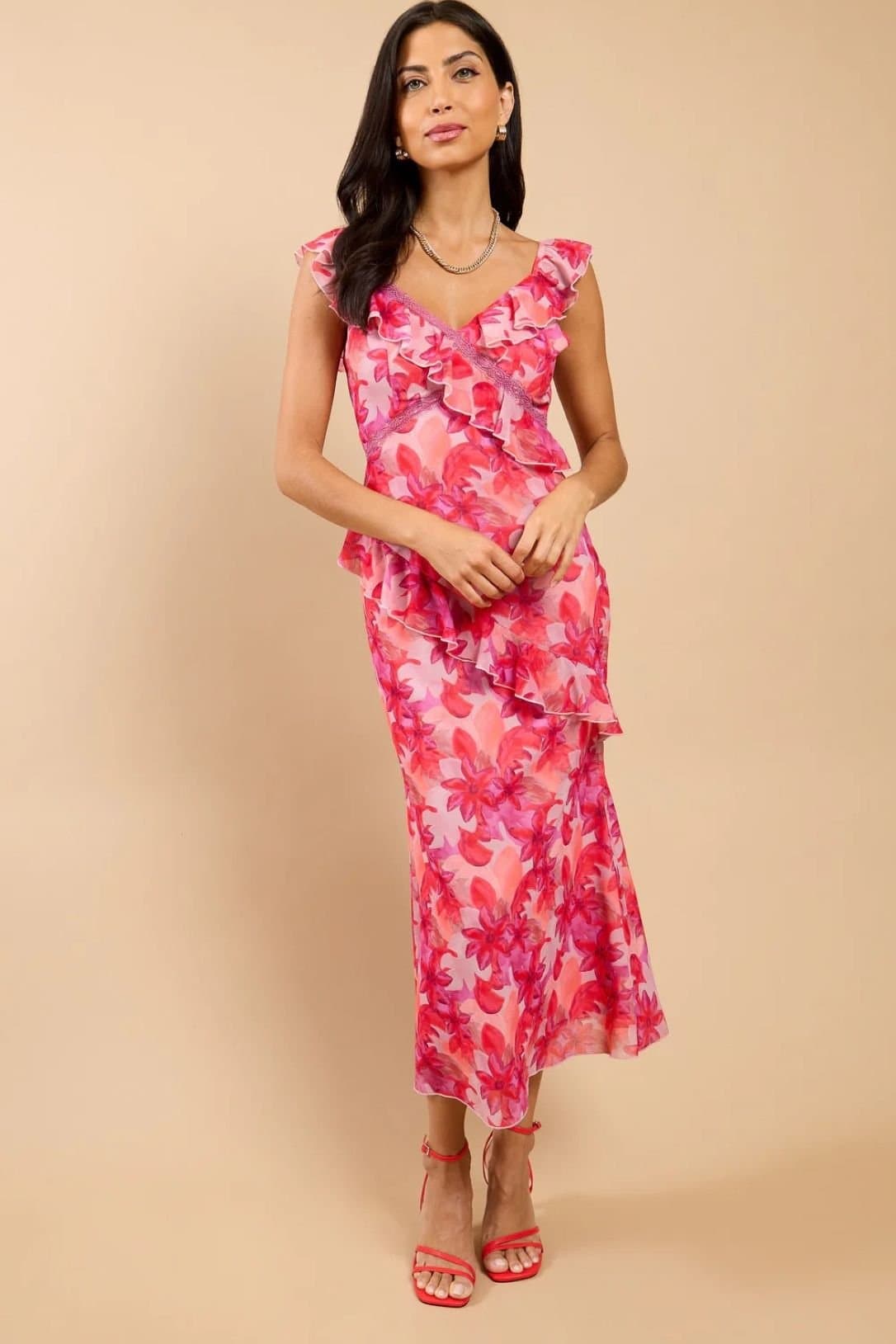 Little Mistress Little Mistress Women's Pink Floral Print Ruffle Midaxi Dress