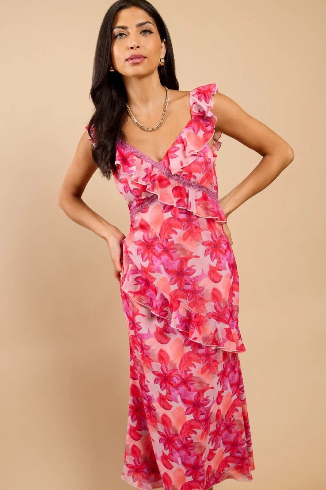 Little Mistress Little Mistress Women's Pink Floral Print Ruffle Midaxi Dress - 4