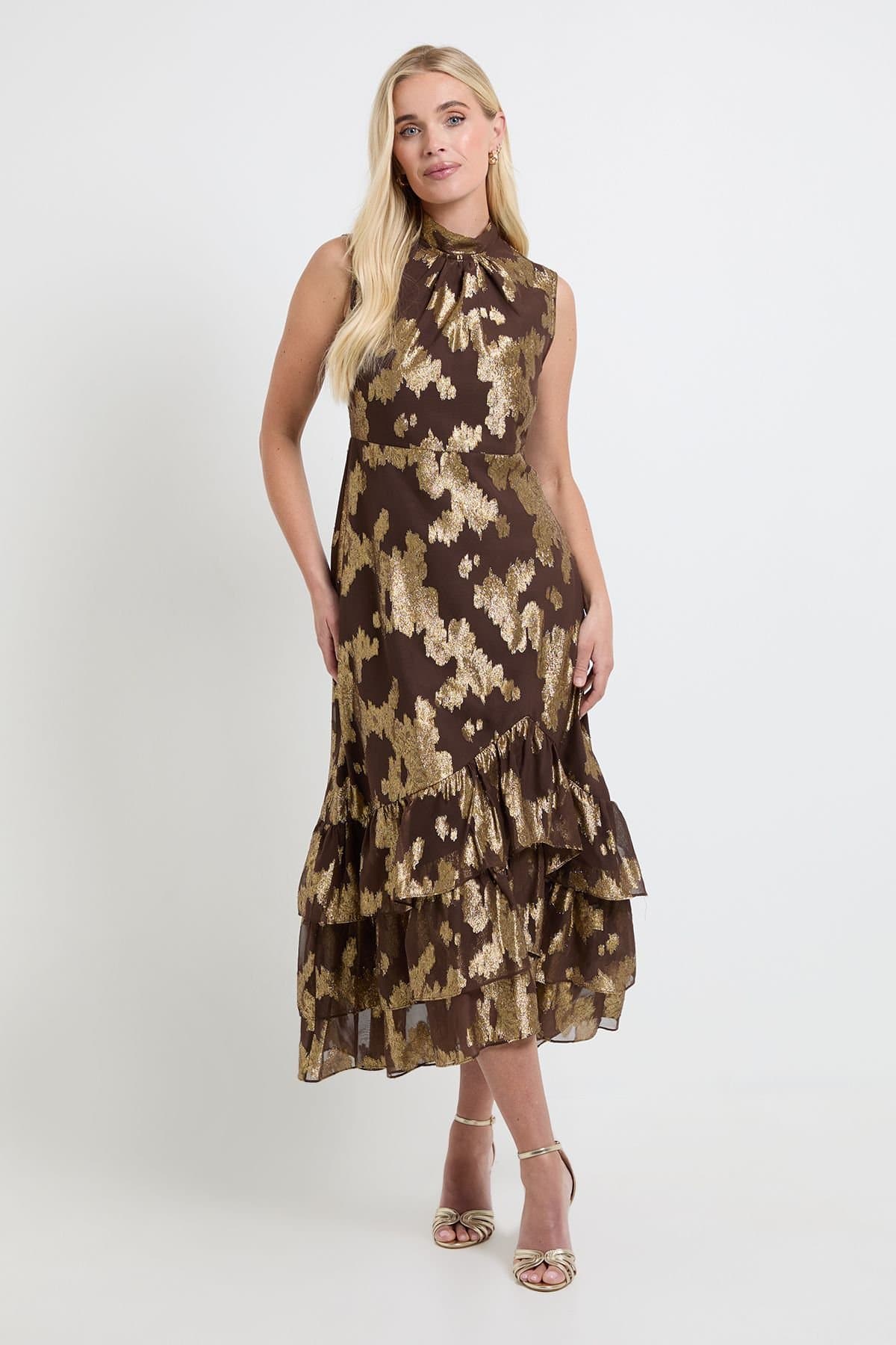 Wallis Wallis Women's Petite Metallic Ruffle Hem Maxi Dress in Chocolate