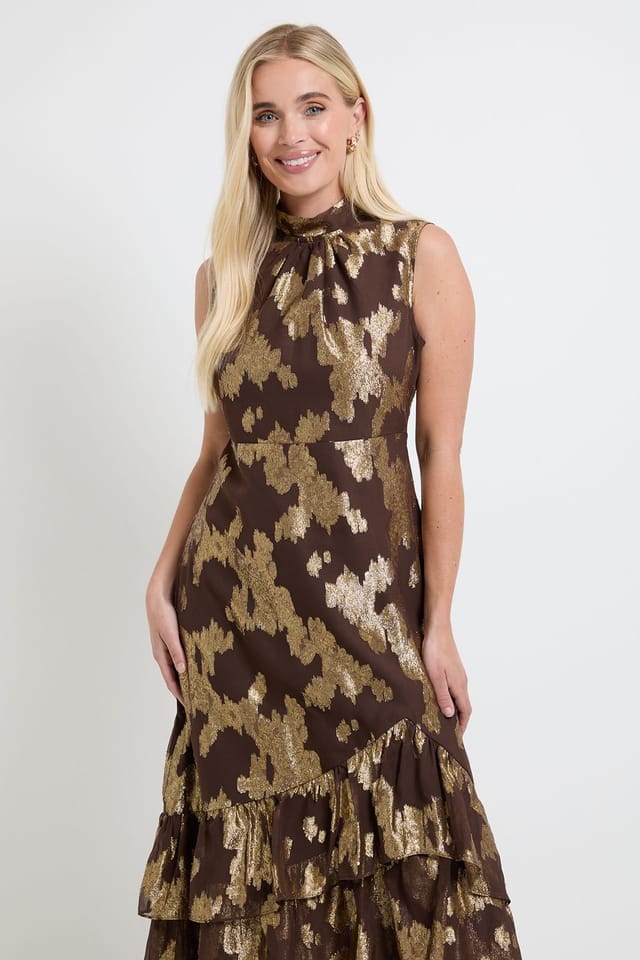 Wallis Wallis Women's Petite Metallic Ruffle Hem Maxi Dress in Chocolate - 2