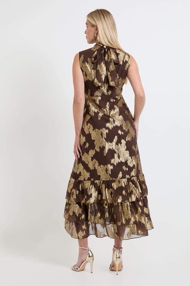 Wallis Wallis Women's Petite Metallic Ruffle Hem Maxi Dress in Chocolate - 3