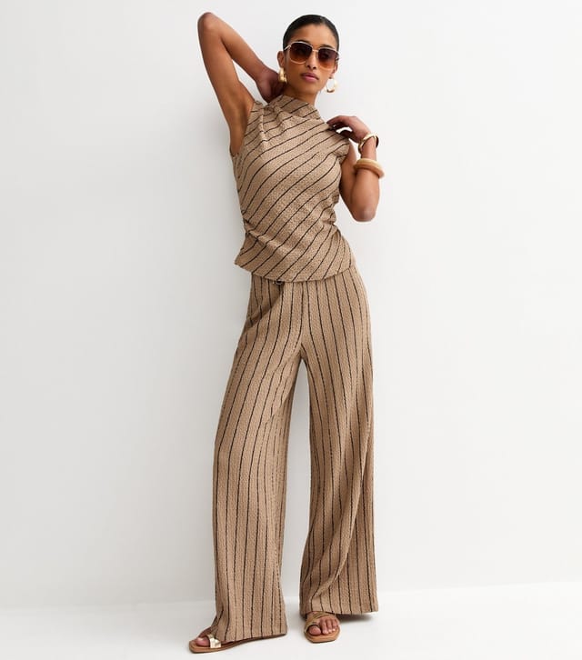 New Look Women's Brown Crinkled Striped Wide Leg Trousers New Look - 2