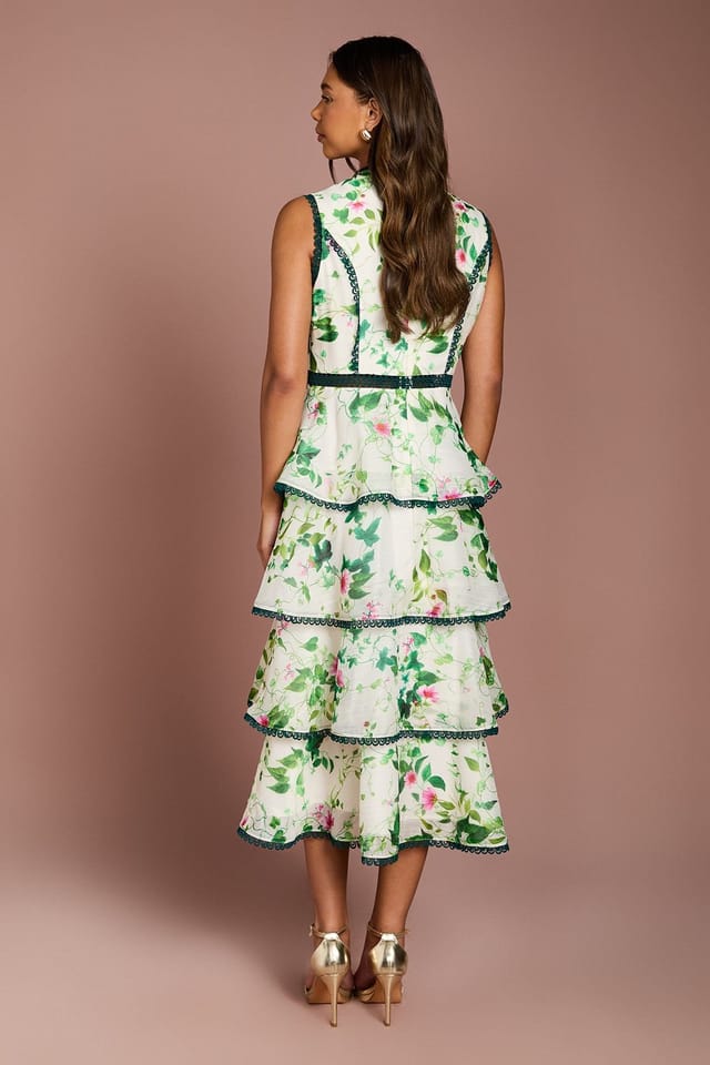 Coast Coast Women's Lace Trim Tiered Printed Organza Midi Dress in Ivory - 3