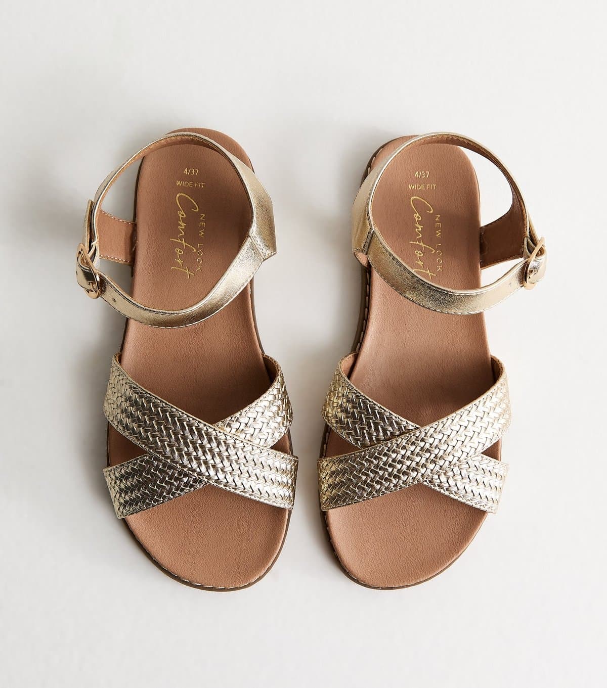 New Look Women's Wide Fit Gold Cross Over Flat Sandals Vegan New Look