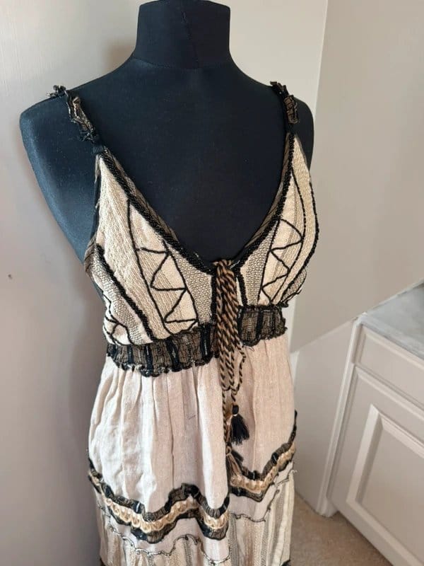 Papa Pia Luxe Boho Chic Brown Beige Beaded Maxi Dress