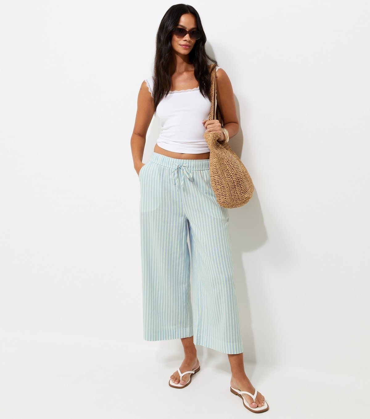 New Look Women's Blue Striped Linen Rich Cropped Wide Leg Trousers New Look