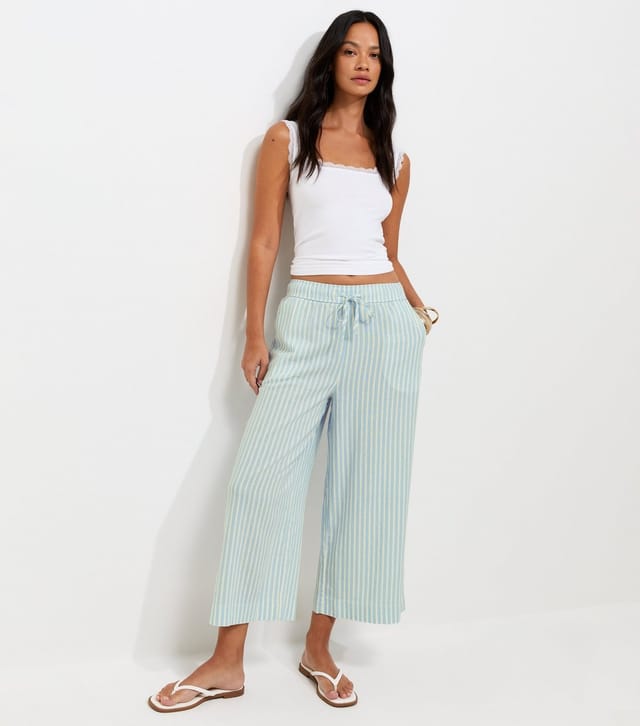 New Look Women's Blue Striped Linen Rich Cropped Wide Leg Trousers New Look - 2