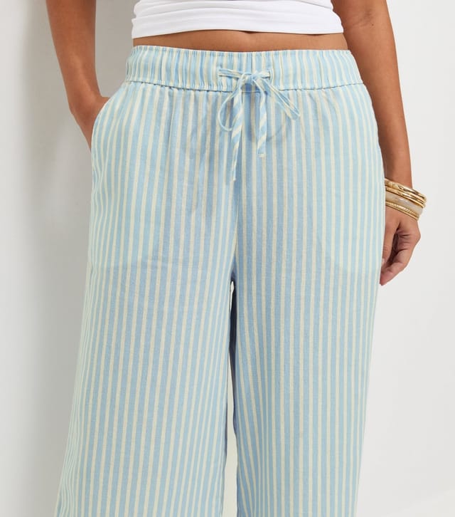 New Look Women's Blue Striped Linen Rich Cropped Wide Leg Trousers New Look - 3