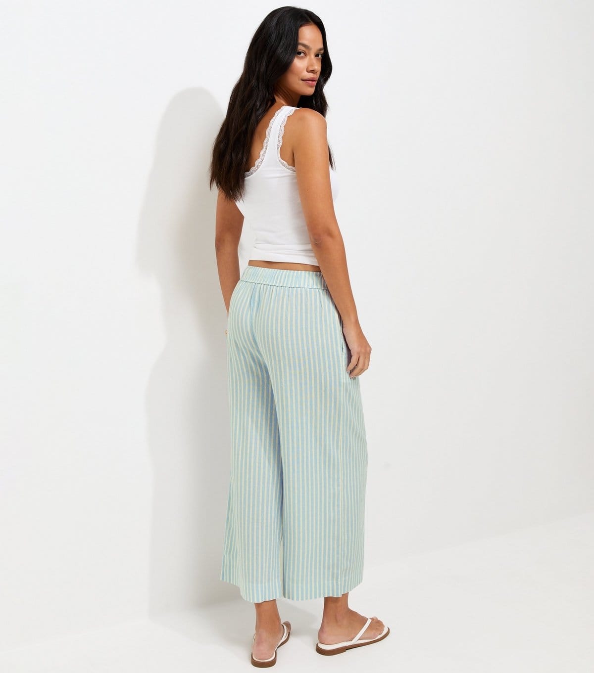 New Look Women's Blue Striped Linen Rich Cropped Wide Leg Trousers New Look - 4
