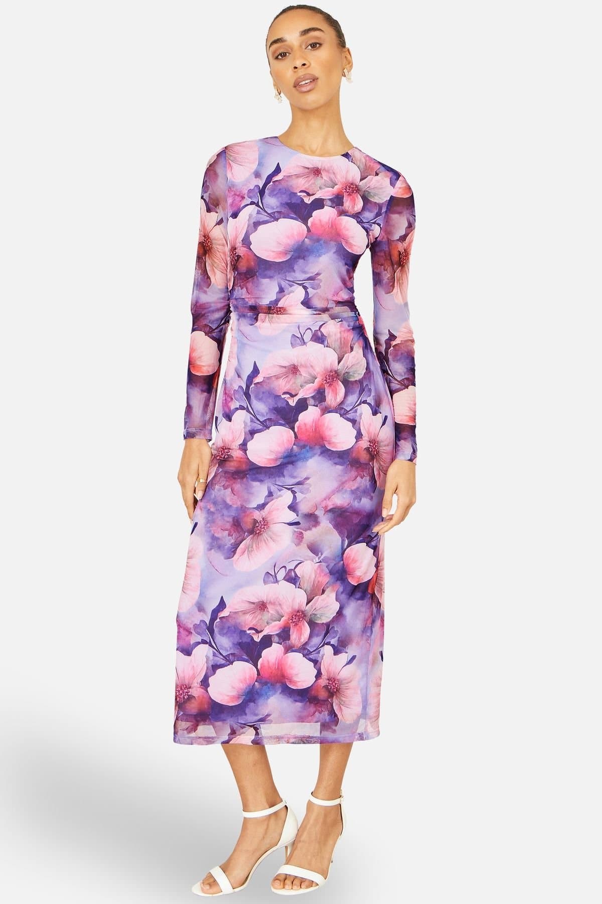 Yumi Yumi Women's Purple Floral Mesh Midi Dress With Tie Back in Lilac