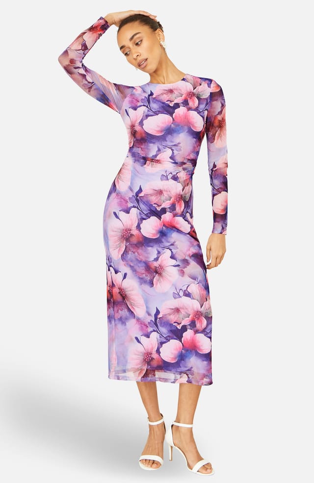 Yumi Yumi Women's Purple Floral Mesh Midi Dress With Tie Back in Lilac - 2