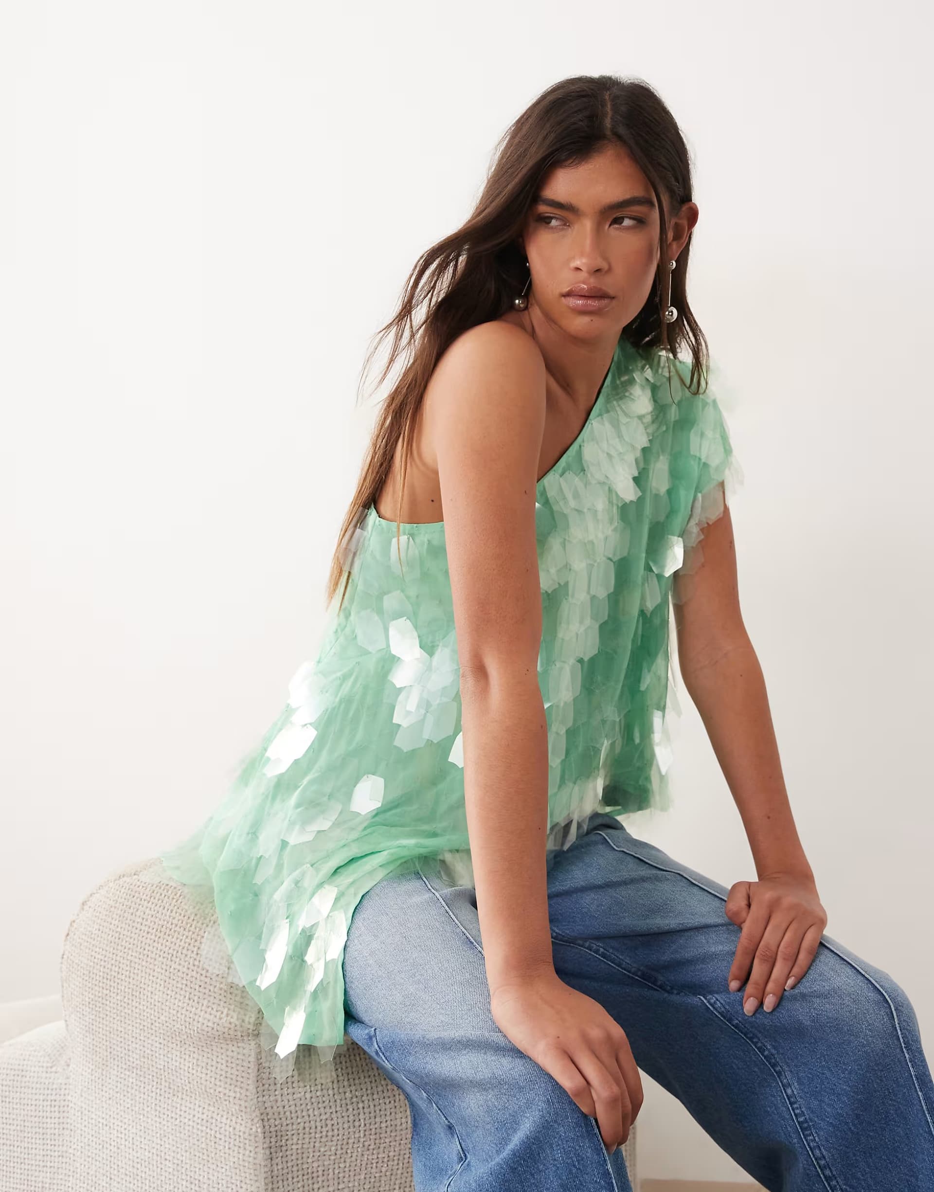 ASOS ARRANGE embellished one shoulder top in apple green