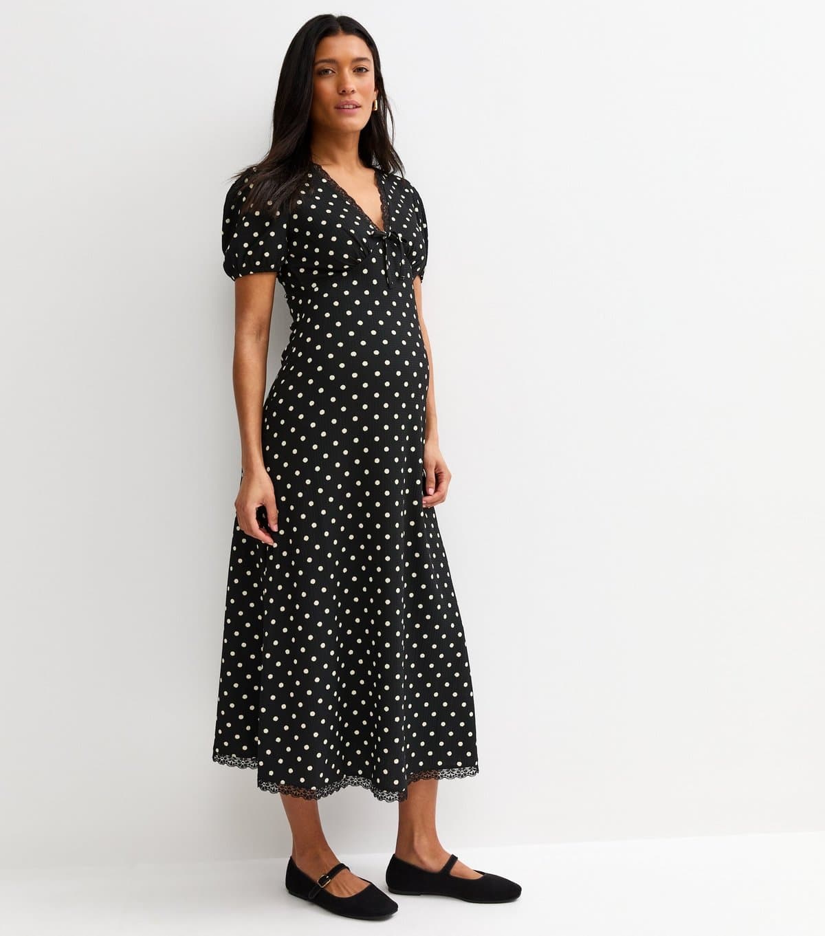 New Look Women's Maternity Black Polka Dot Lace Trim Midi Dress New Look