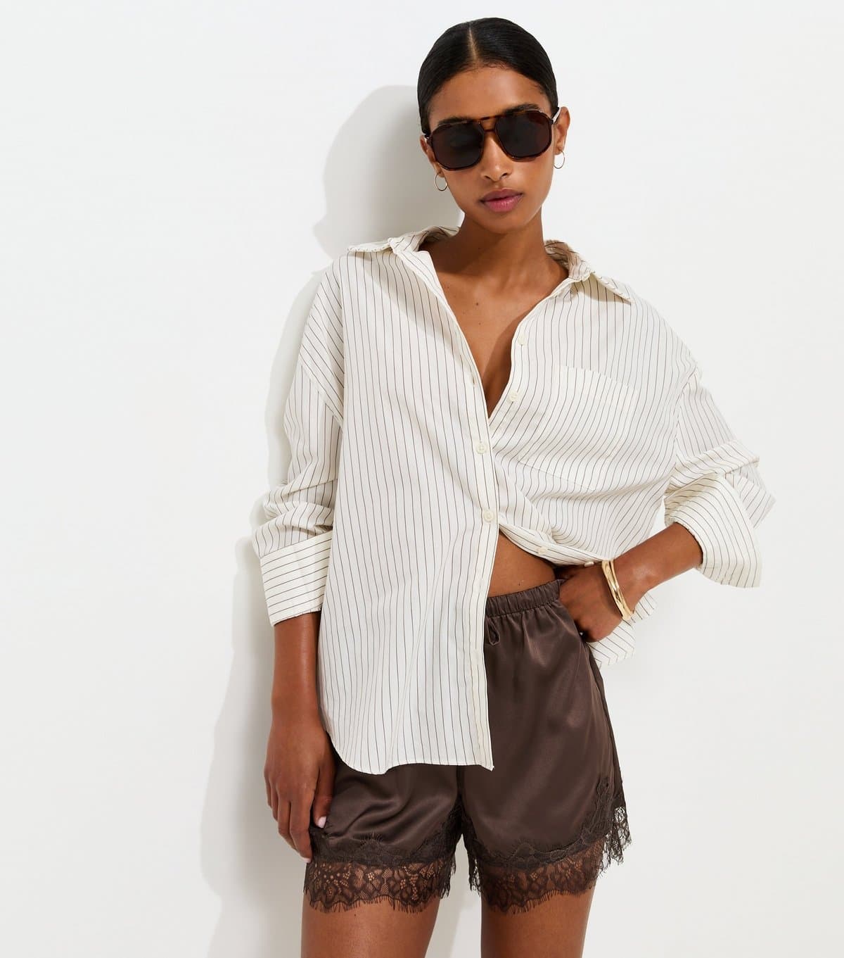 New Look Women's Satin Dark Brown Lace Trim Shorts New Look