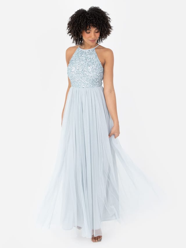 Maya Deluxe Maya Deluxe Women's Embellished Halter Neck Maxi Dress in Pale Blue - 2