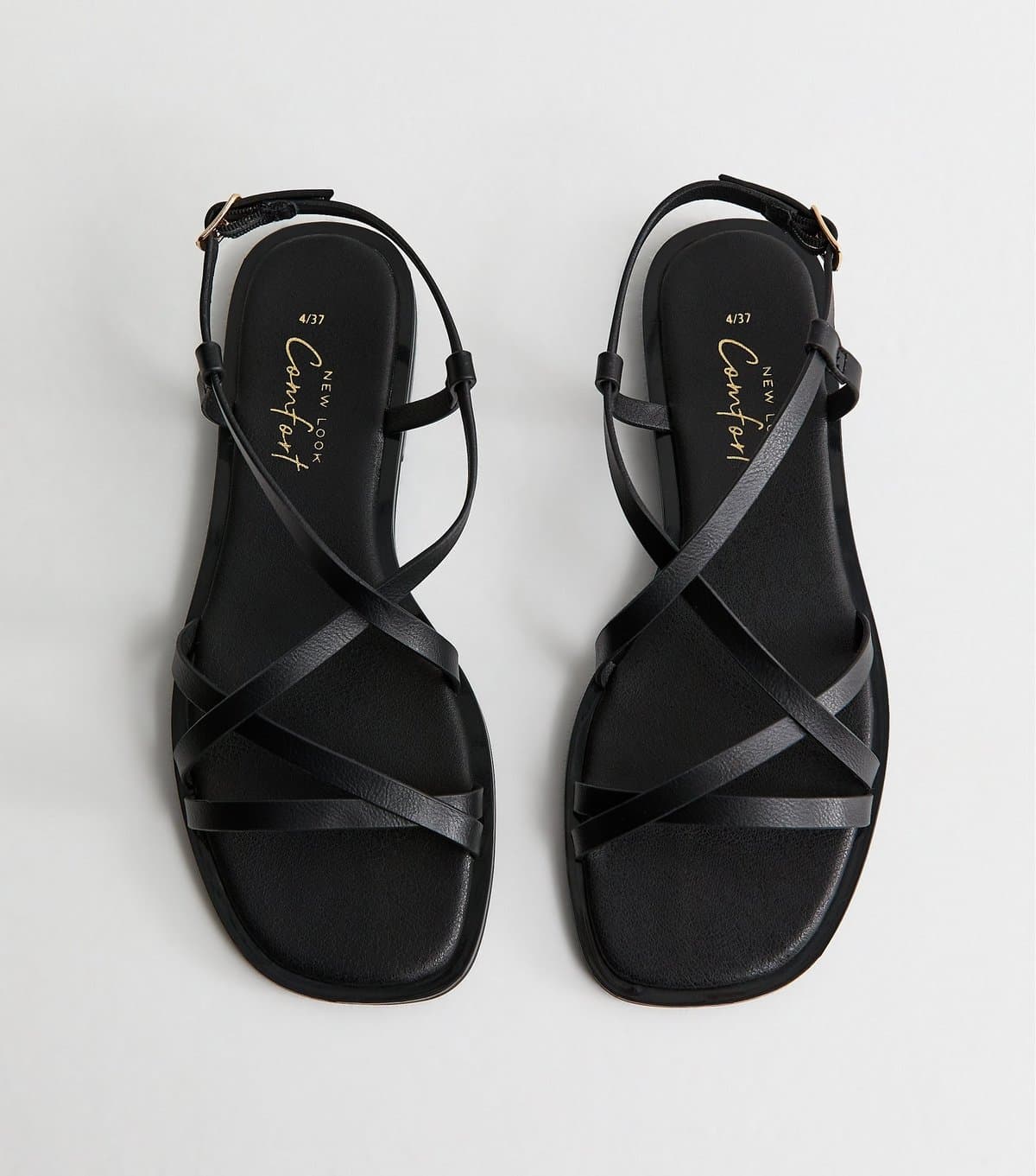 New Look Women's Black Faux Leather Strappy Square Toe Flat Sandals Vegan New Look