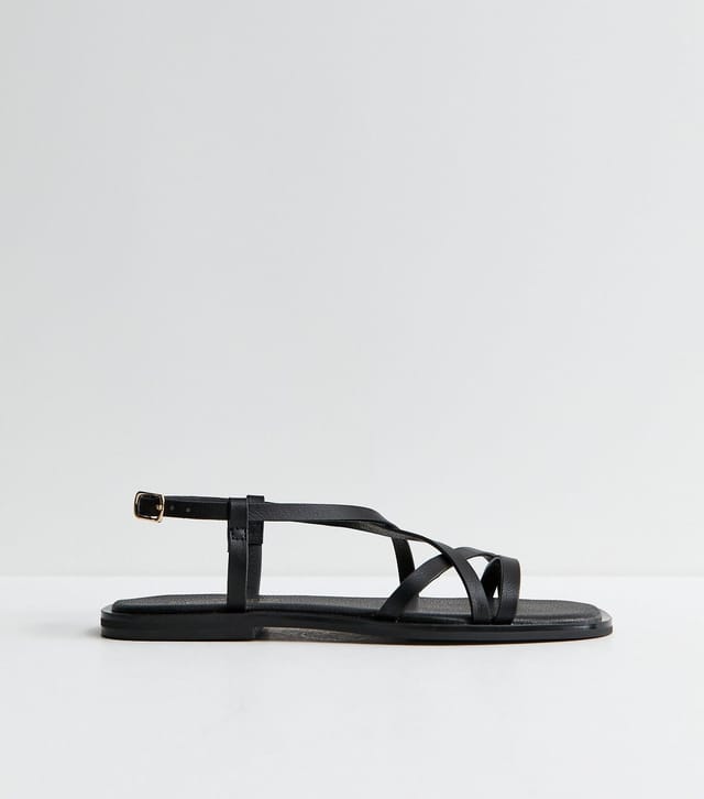 New Look Women's Black Faux Leather Strappy Square Toe Flat Sandals Vegan New Look - 3