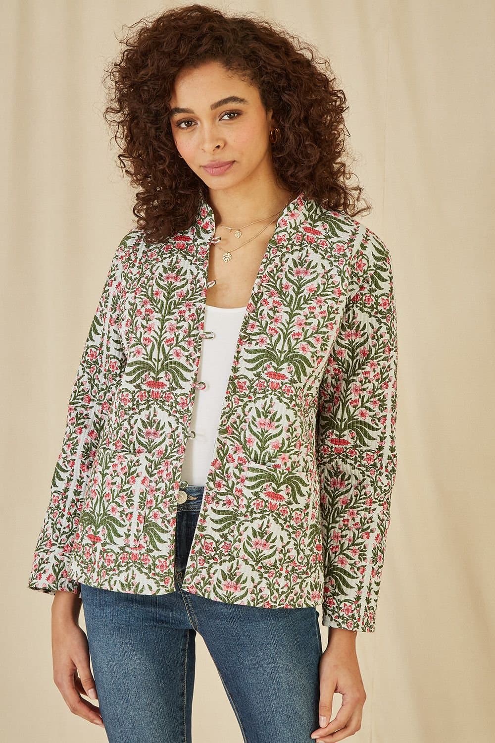 Yumi Yumi Women's Pink Floral Print Reversible Cotton Quilted Jacket