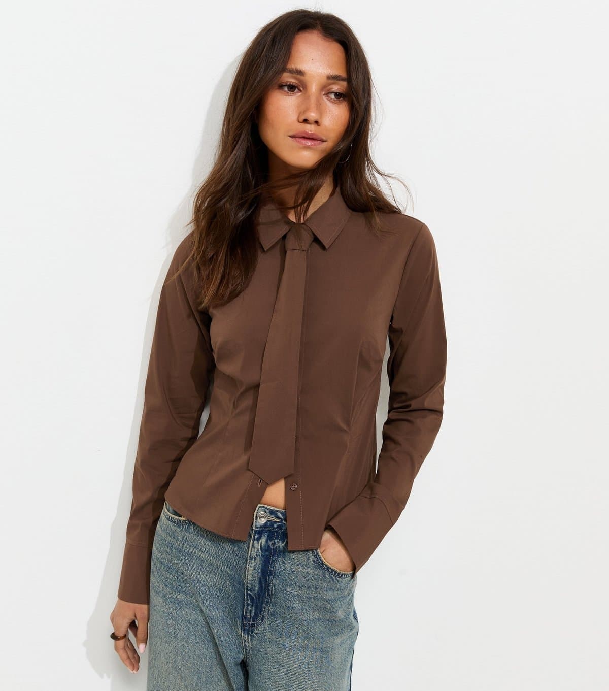 New Look Women's Dark Brown Cotton Rich Tie Neck Fitted Shirt New Look